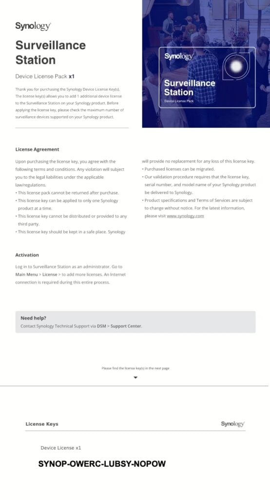 Dijital Synology Surveillance Station lisans anahtarı PDF formatında.