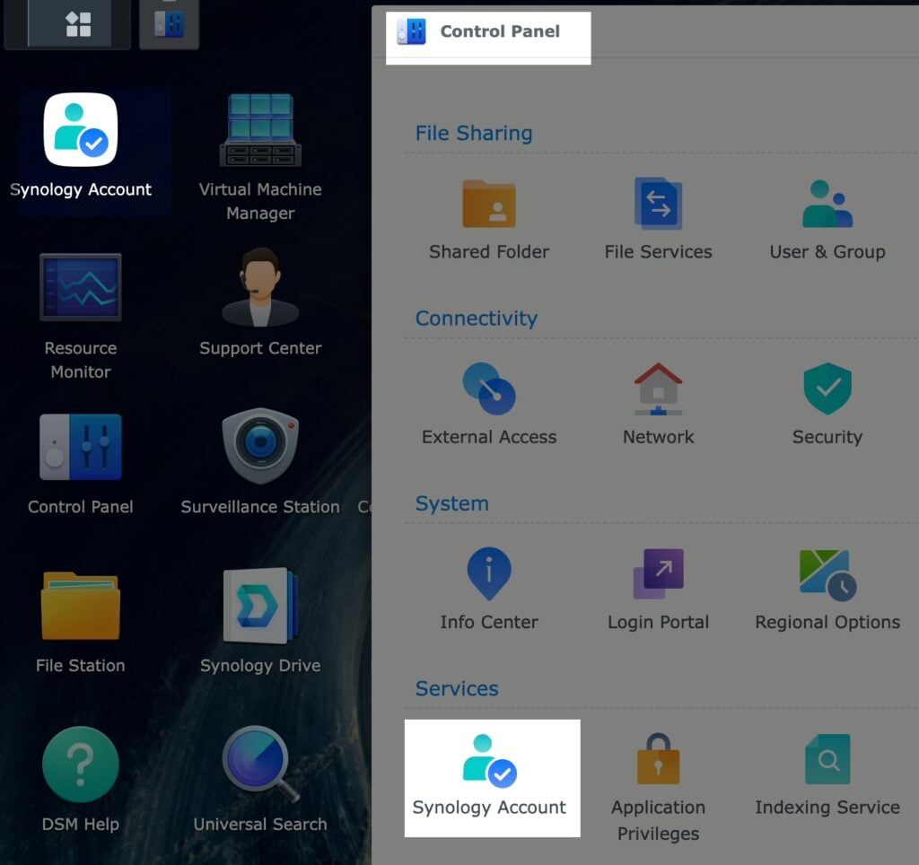 Synology Hesabı girişinin nerede bulunacağını gösteren Synology DSM Kontrol Paneli.