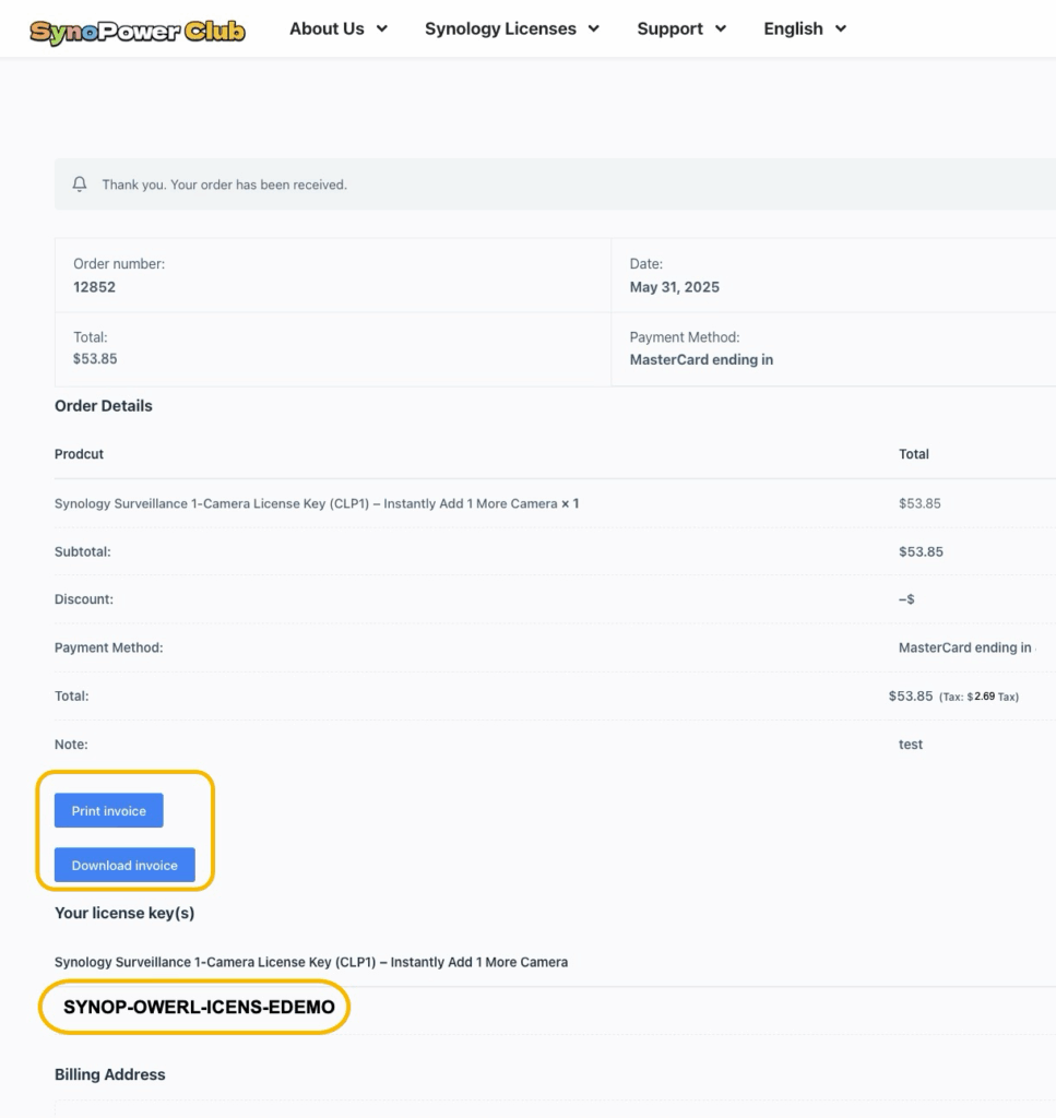 SynoPower Club exibe diretamente a chave de licença após o pagamento e o botão de download da fatura
