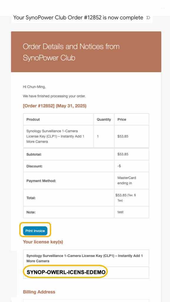 O SynoPower Club envia automaticamente e-mails completos com a chave de licença, botão de download da fatura e detalhes do pedido.