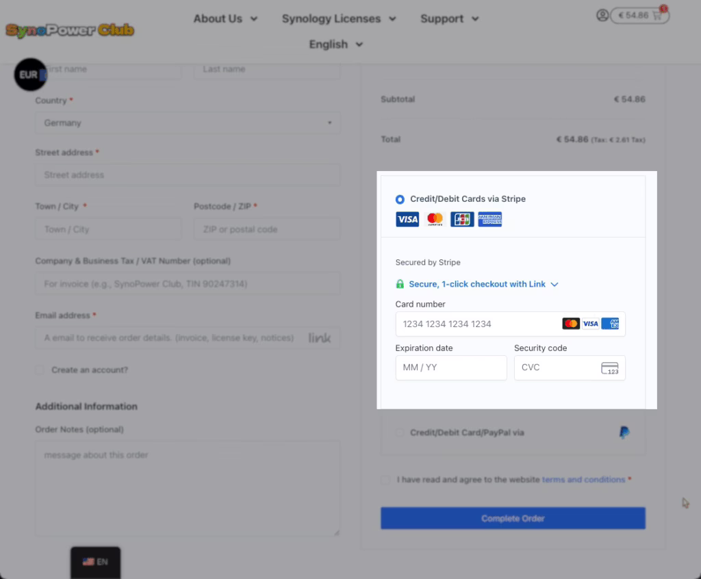 Choose Stripe for checkout. Use Link, Debit/Credit card or Bank account (if available in your site)