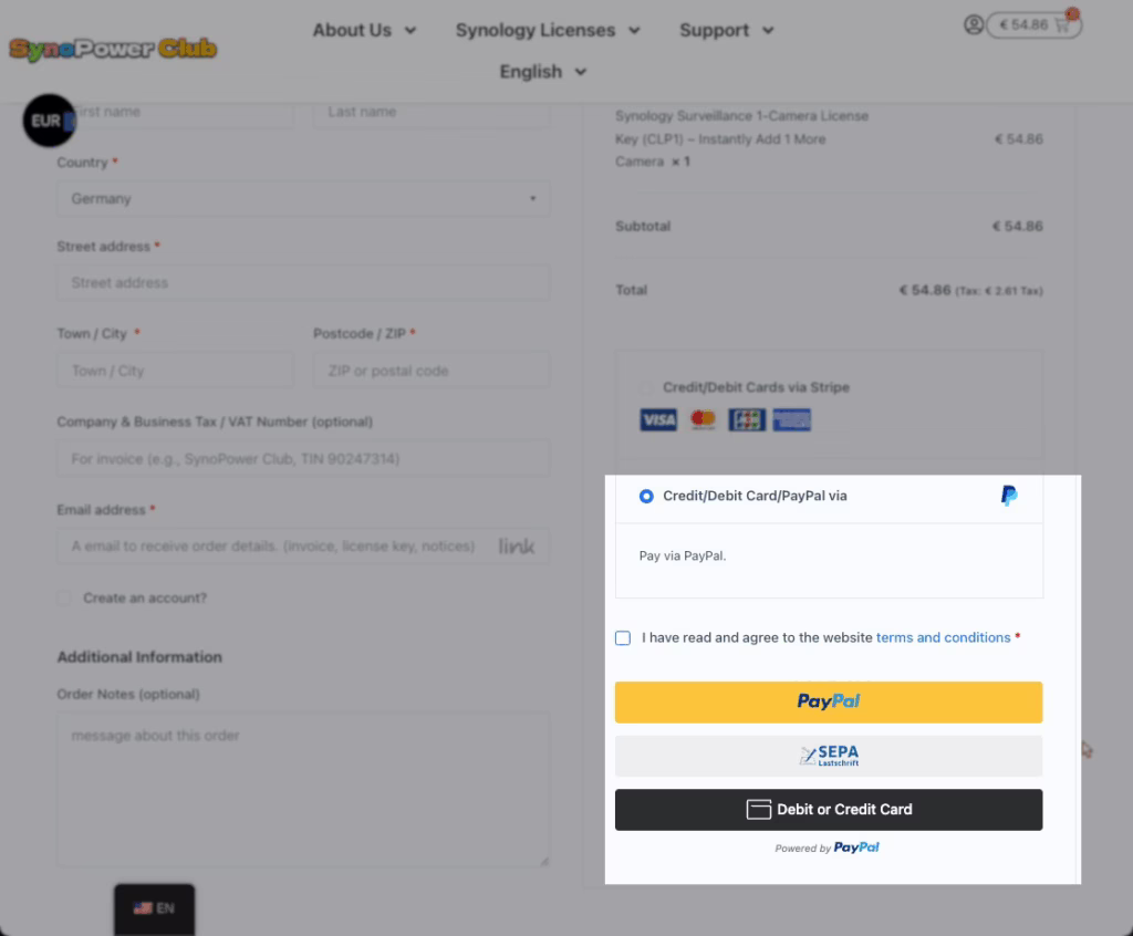 PayPal checkout. Use PayPal account, SEPA or Debit/Credit Card