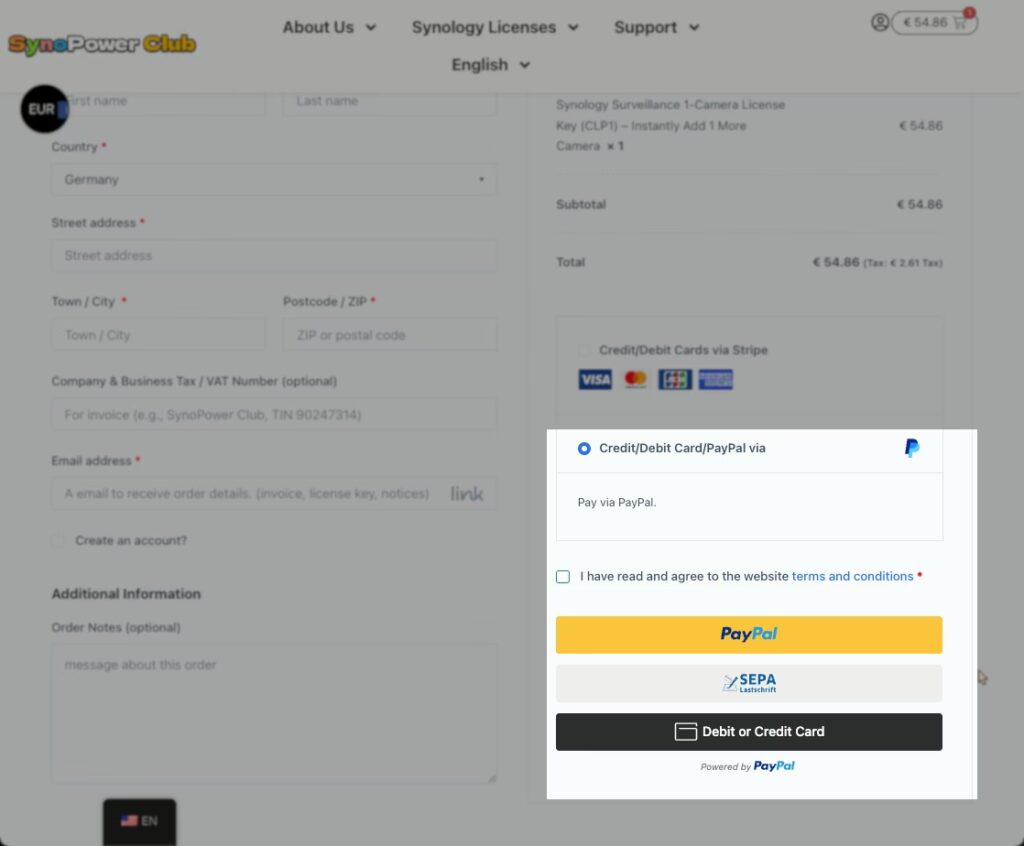 PayPal-betalning. Använd PayPal-konto, SEPA eller betalkort/kreditkort