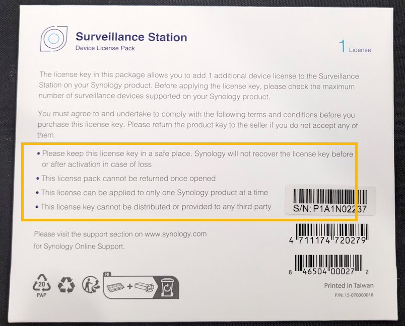 SynologyライセンスCLP1パック2025バージョンの裏面にある契約書