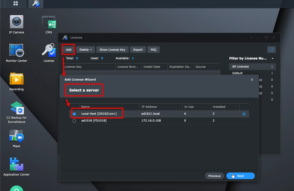 Lisans eklemek için yerel Synology NAS sunucusunun seçilmesi
