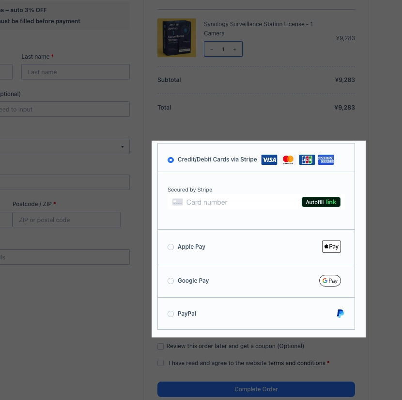 เลือกใช้ Stripe สำหรับการชำระเงิน หรือใช้ลิงก์ บัตรเดบิต/เครดิต Apple Pay Google Pay หรือบัญชีธนาคาร (หากมีให้บริการในเว็บไซต์ของคุณ)