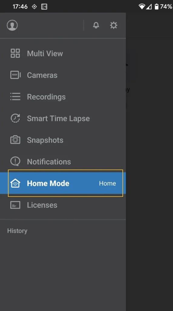 Opening Home Mode in the Synology DS cam mobile app