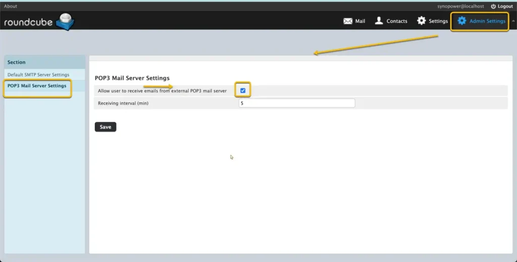 Mail Station Admin Settings with external POP3 fetching switched on and a 5 minute interval