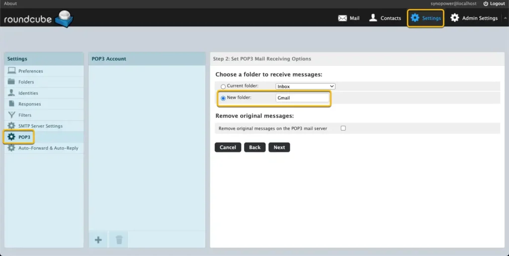 Mail Station POP3 setup step 2: fetched mail goes to a new Gmail folder and the originals stay on the server