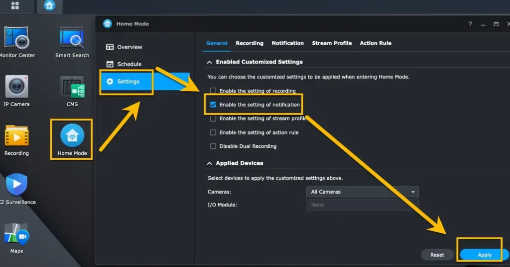 Enabling notification control inside Surveillance Station Home Mode settings