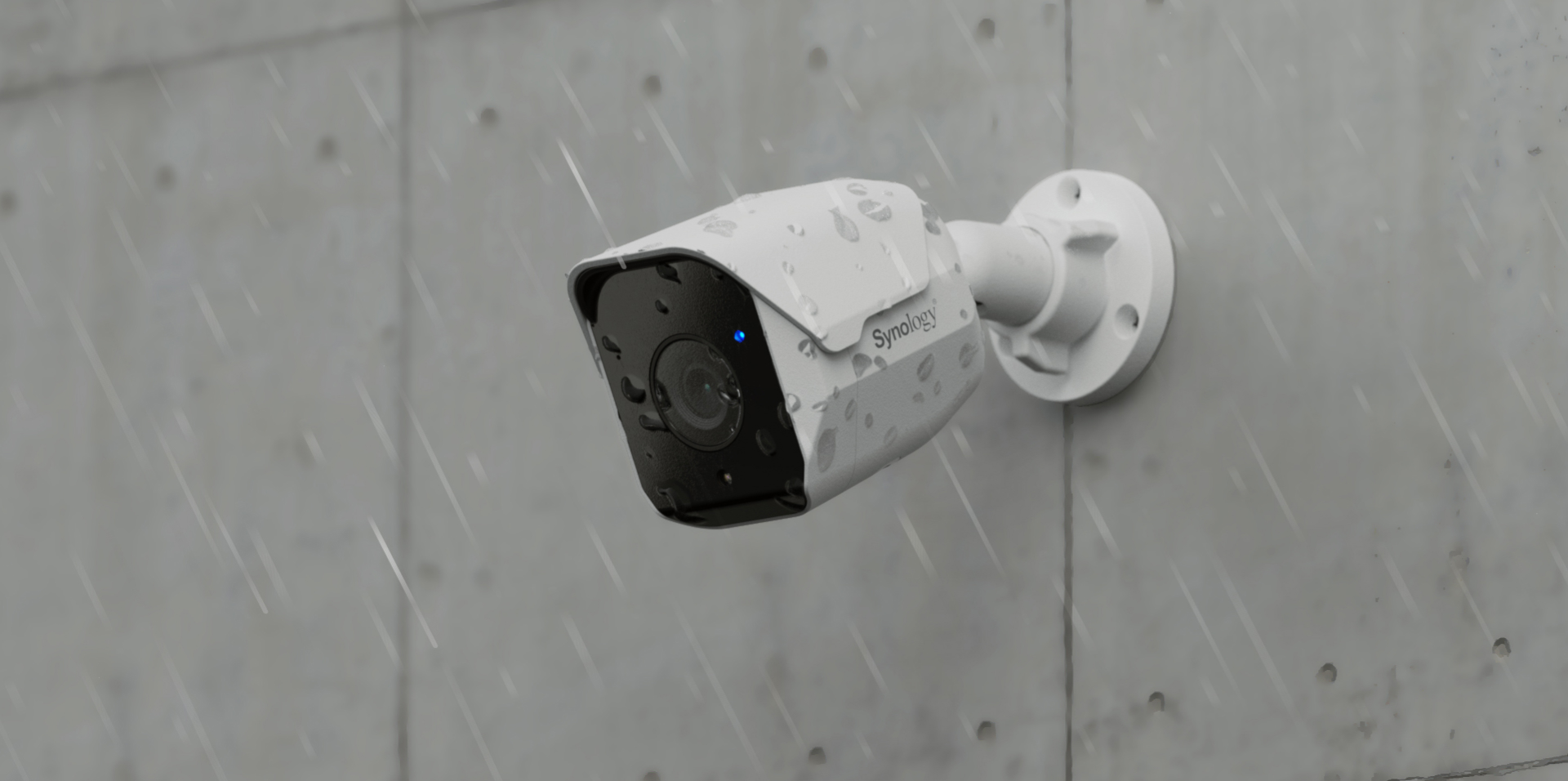 Synology BC510 operating in heavy rain, rated IP66 and IP67 for dust and water