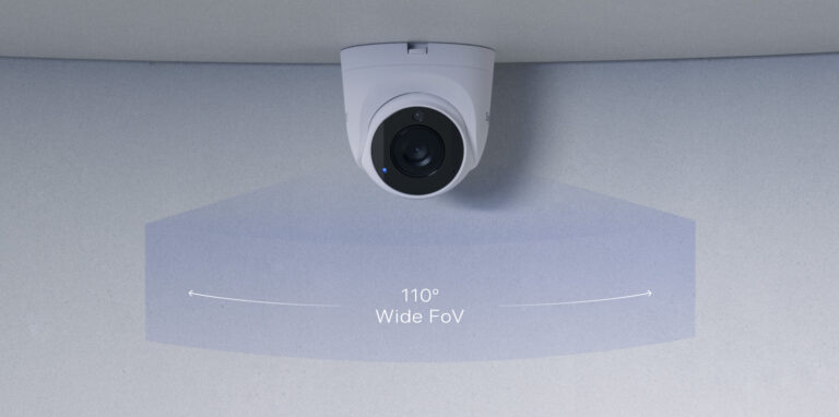 Synology TC510 turret camera mounted under an eave showing its coverage angle