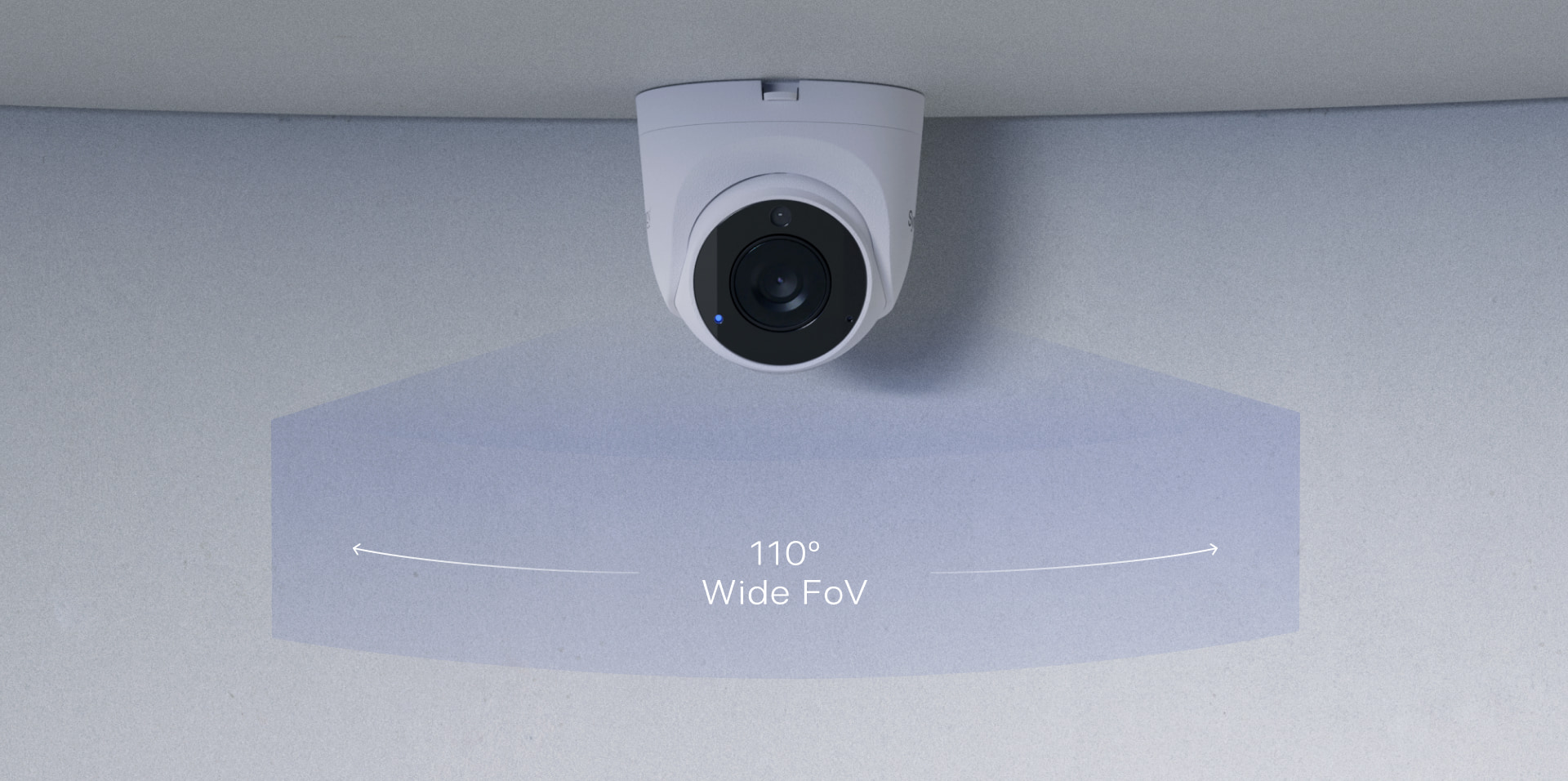 Synology TC510 turret camera mounted under an eave showing its coverage angle