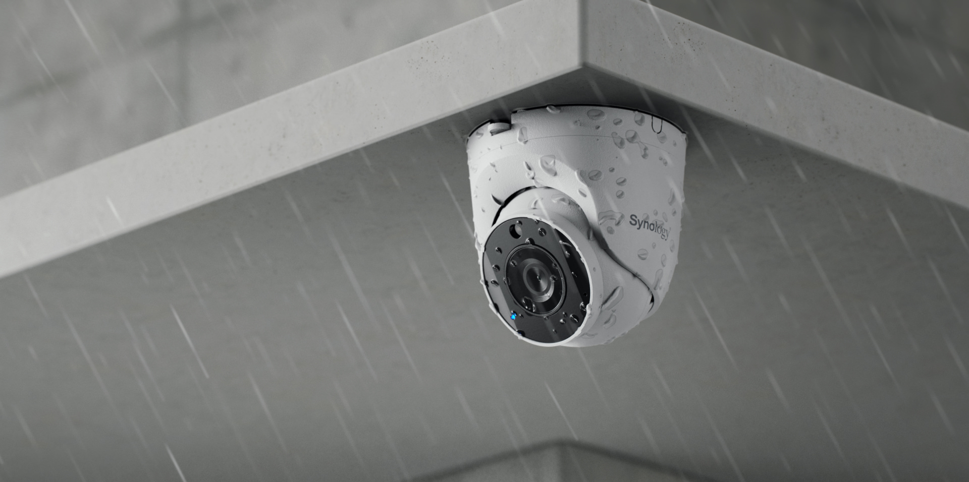 Synology TC510 turret camera in heavy rain, rated IP66 and IP67