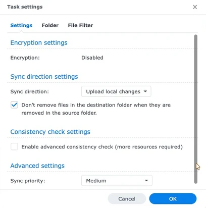 Cloud Sync task settings for a VMM backup upload to Google Drive, keeping files in the cloud