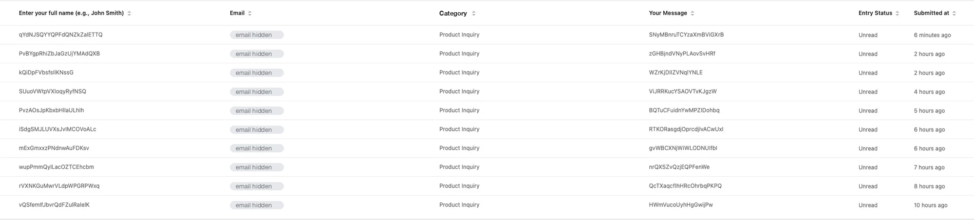 Email bombing junk entries in a WordPress contact form, random names and messages with email addresses hidden
