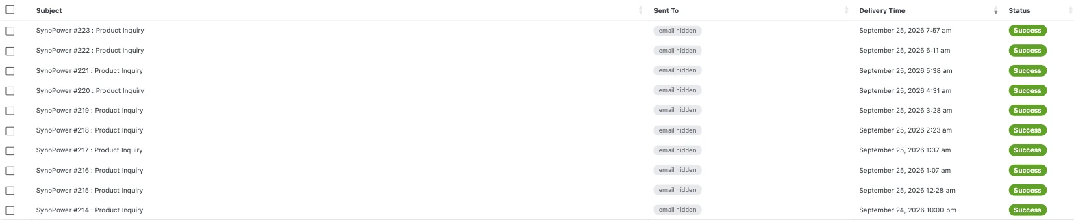 WordPress mail log showing ten contact form confirmation emails sent during the email bombing, recipients hidden