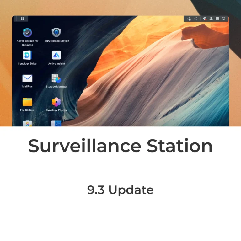 Surveillance Station 9.3 update, shown on a Synology DSM desktop with the Surveillance Station and MailPlus icons