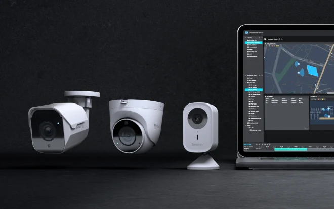 Synology bullet, turret and desk cameras beside Surveillance Station Monitor Center, illustrating camera compatibility