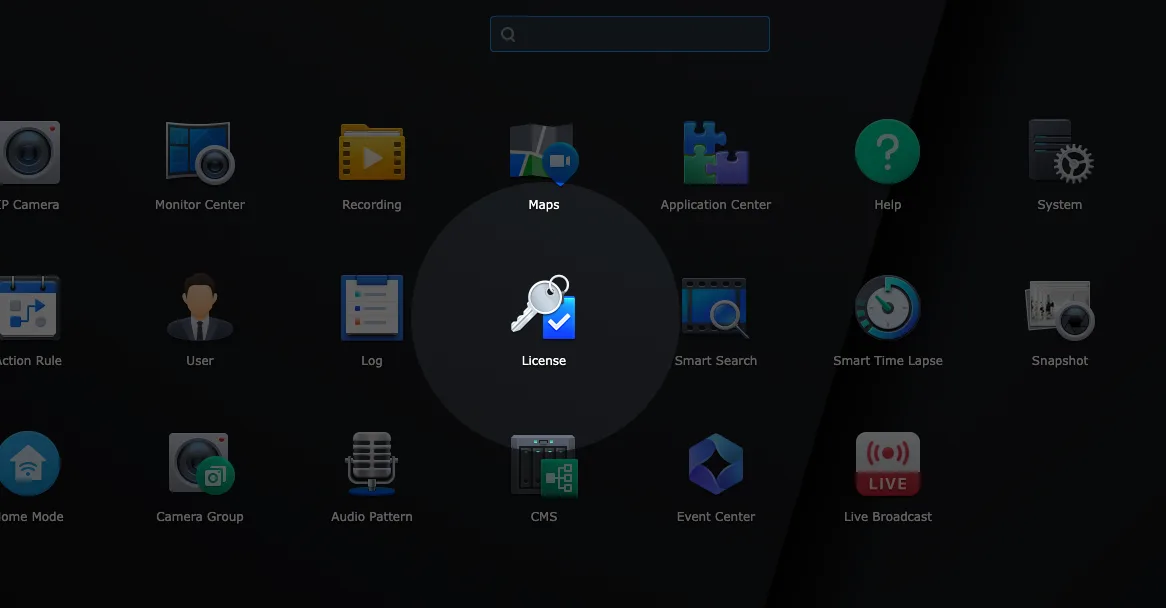Aplicación de licencia en Synology Surveillance Station, donde se agrega una clave de licencia de cámara Synology.