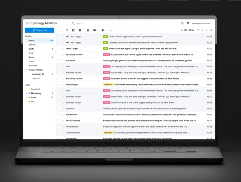 Synology MailPlus webmail client showing an inbox with shared mailboxes and labels