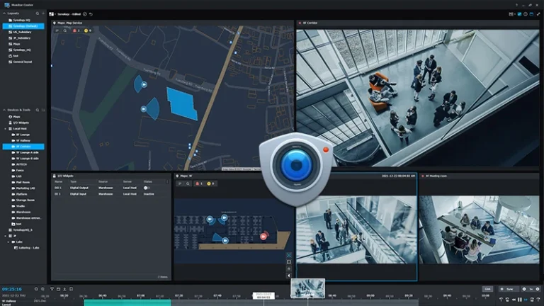 Surveillance Station Client on a desktop showing a multi-camera layout, site map and playback timeline