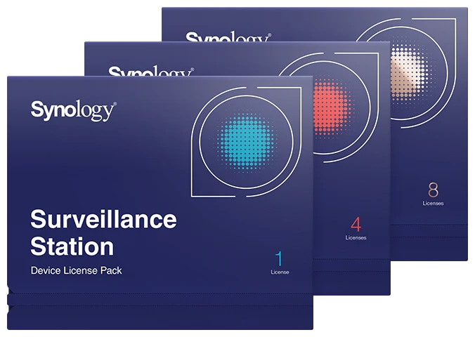 Synology Surveillance Station Device License Pack boxes for 1, 4 and 8 cameras, the three sizes that set the license cost