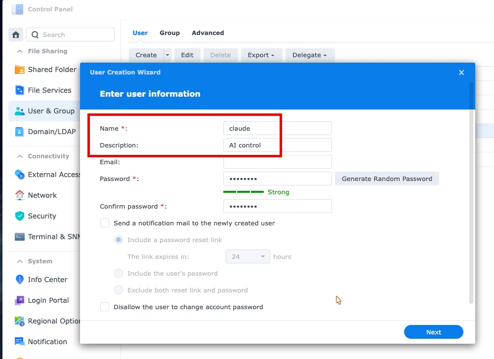 Creating a dedicated DSM account for AI SSH access before a VDSM migration