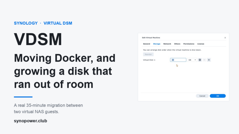 Nastavení hosta Synology VDSM používaná k migraci Dockeru a změně velikosti virtuálního disku