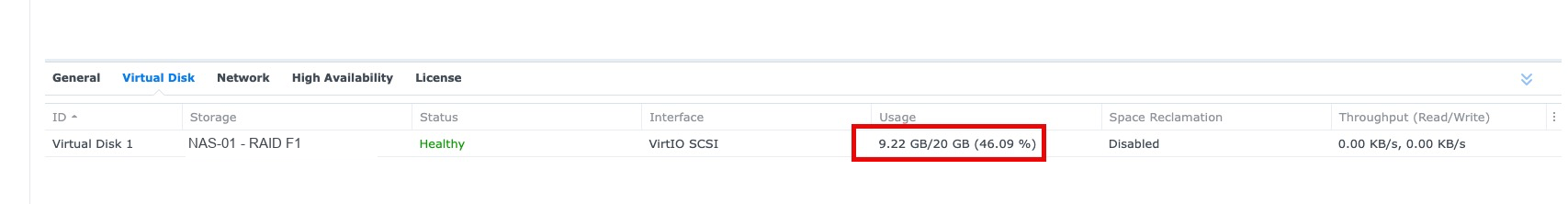 Virtual disk usage after resizing a Synology VDSM guest from 10 GB to 20 GB