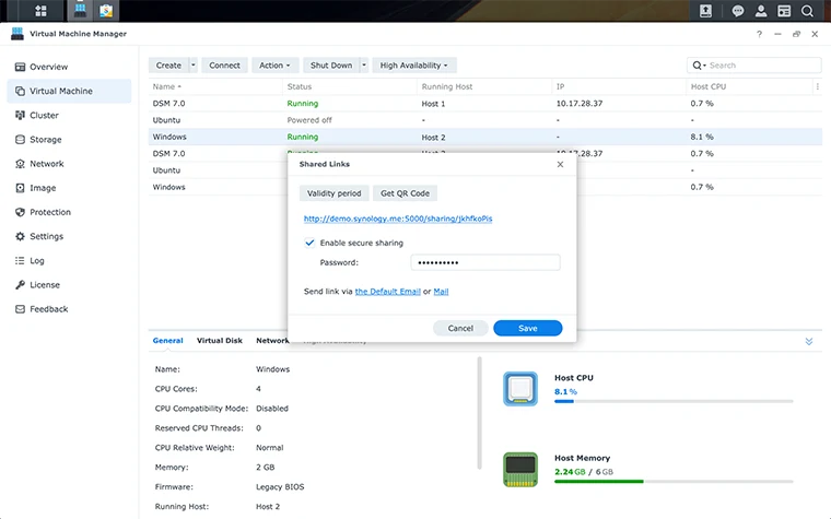 Synology VMM Pro Virtual Machine Manager interface with VMs across two hosts