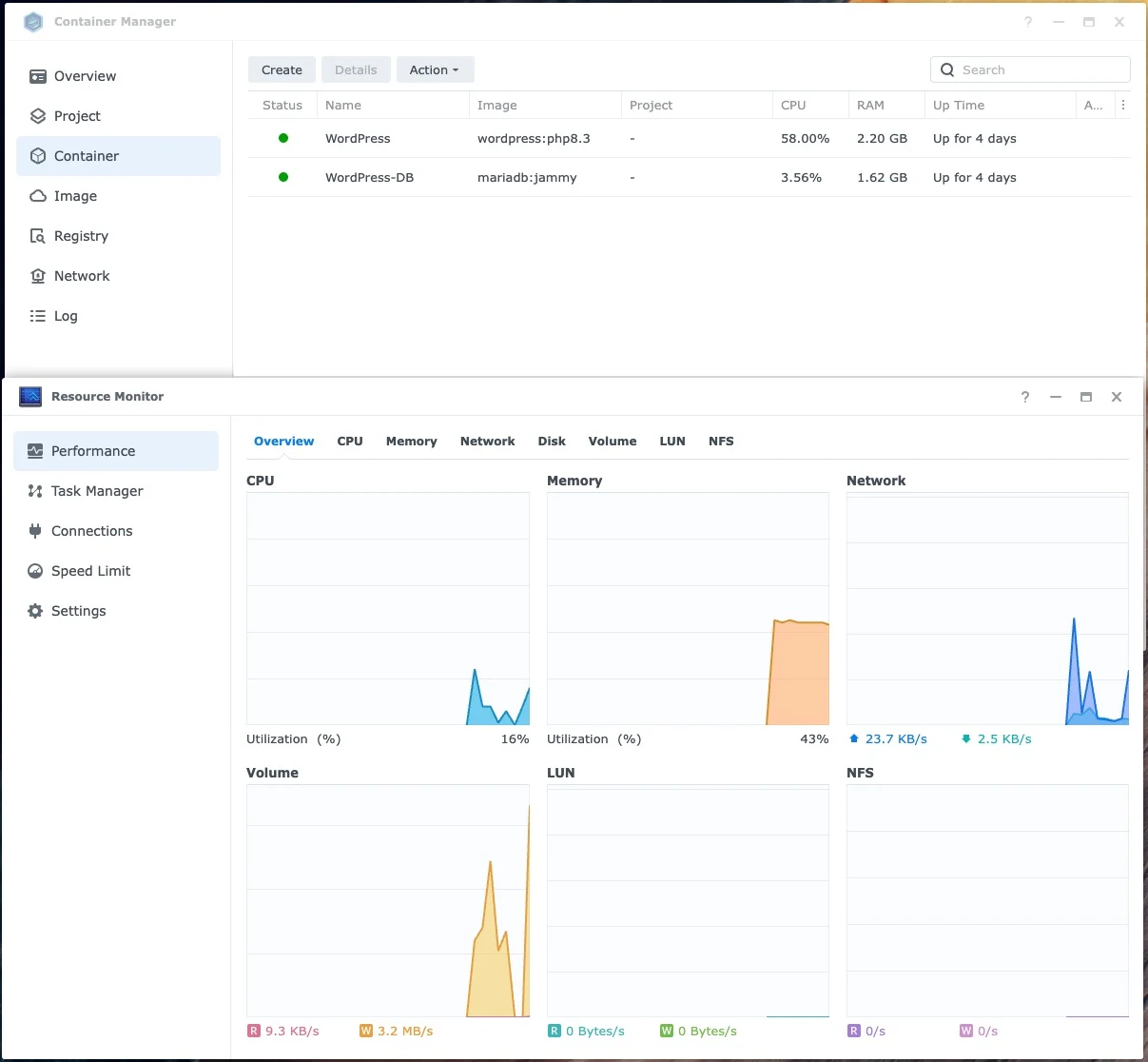 WordPress and MariaDB containers in Synology Container Manager on Virtual DSM, with Resource Monitor