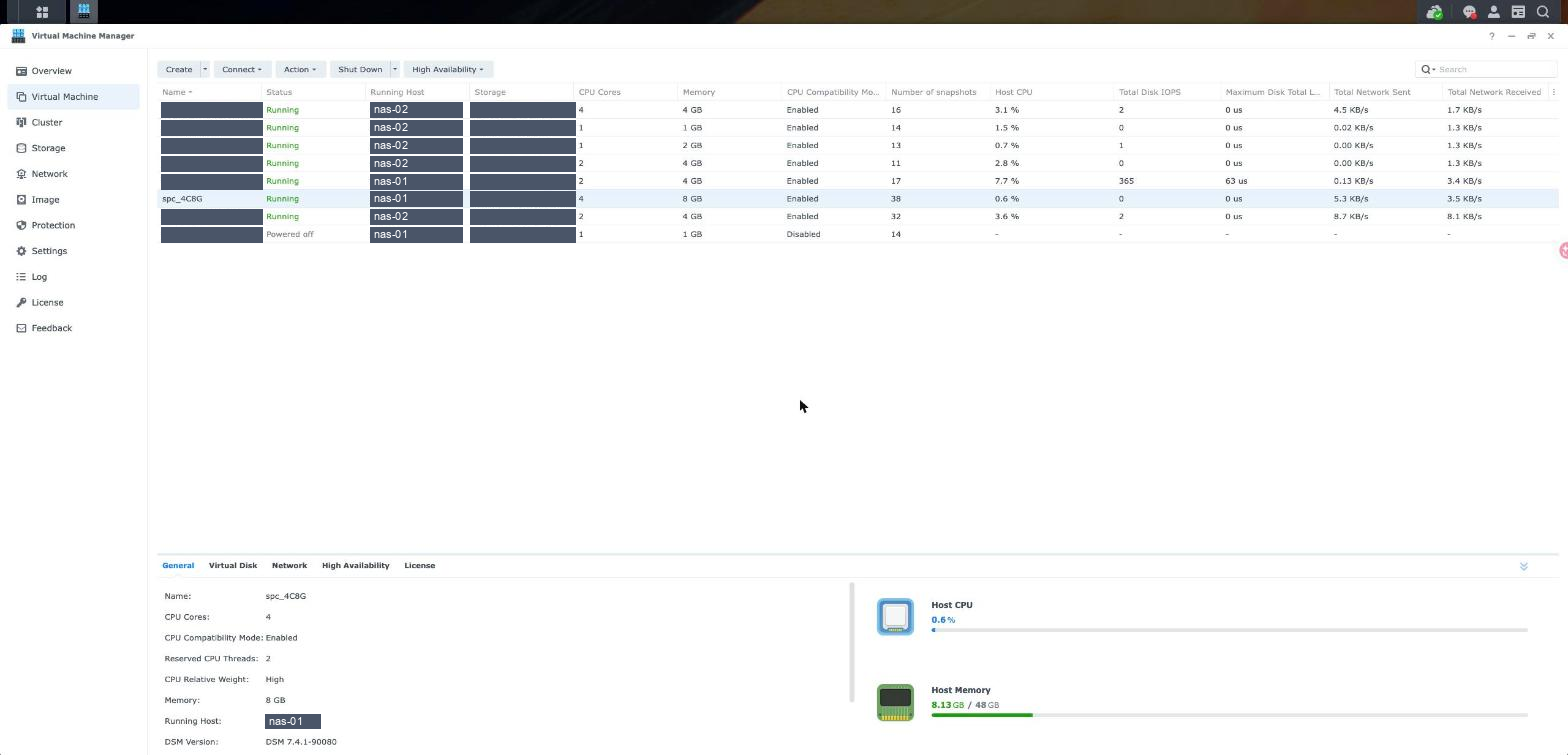 Synology VMM Pro som viser gjesten i riktig størrelse med 4 vCPU og 8 GB minne