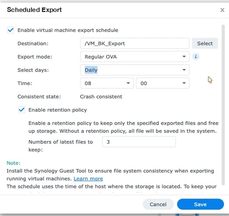 VMM backup scheduled export settings in Synology Virtual Machine Manager