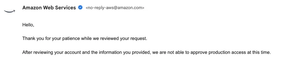 Amazon SES-e-post avböjer produktionsåtkomst för nytt konto, utan angiven anledning