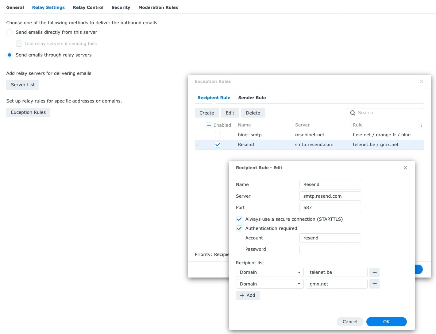 Synology MailPlus Serverundantagsregel som skickar två mottagardomäner via reläet Skicka SMTP igen