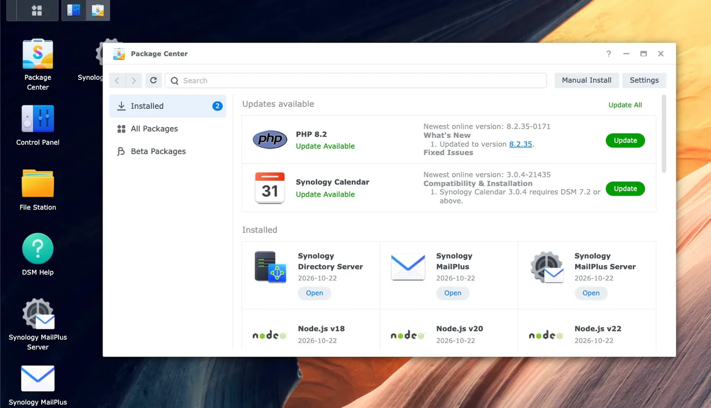 Synology Paketcenter visar PHP 8.2-uppdatering tillgänglig för version 8.2.35-0171