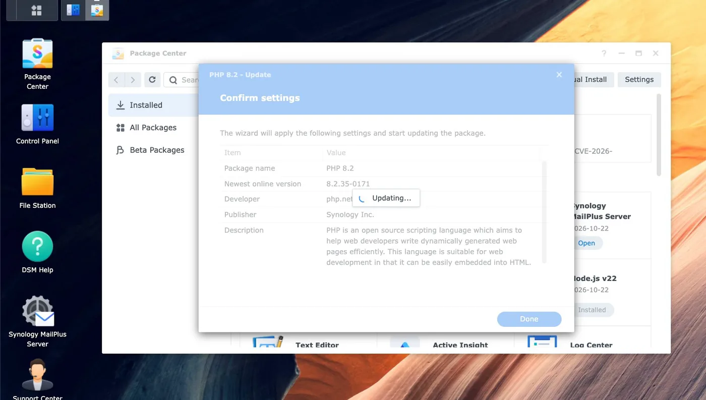 Synology Paketcenter bekräftar inställningar vid uppdatering av PHP 8.2 till 8.2.35-0171