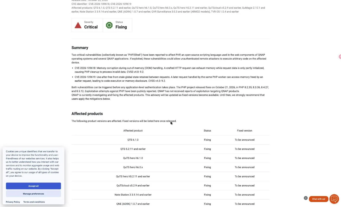 QNAP-meddelande QSA-26-18 som visar status Åtgärdar och Kommer att meddelas i varje rad för den åtgärdade versionen