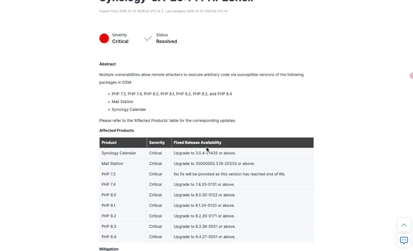 Synology-SA-26:14 PHP2Shell-meddelande som visar status Löst och den åtgärdade versionstabellen