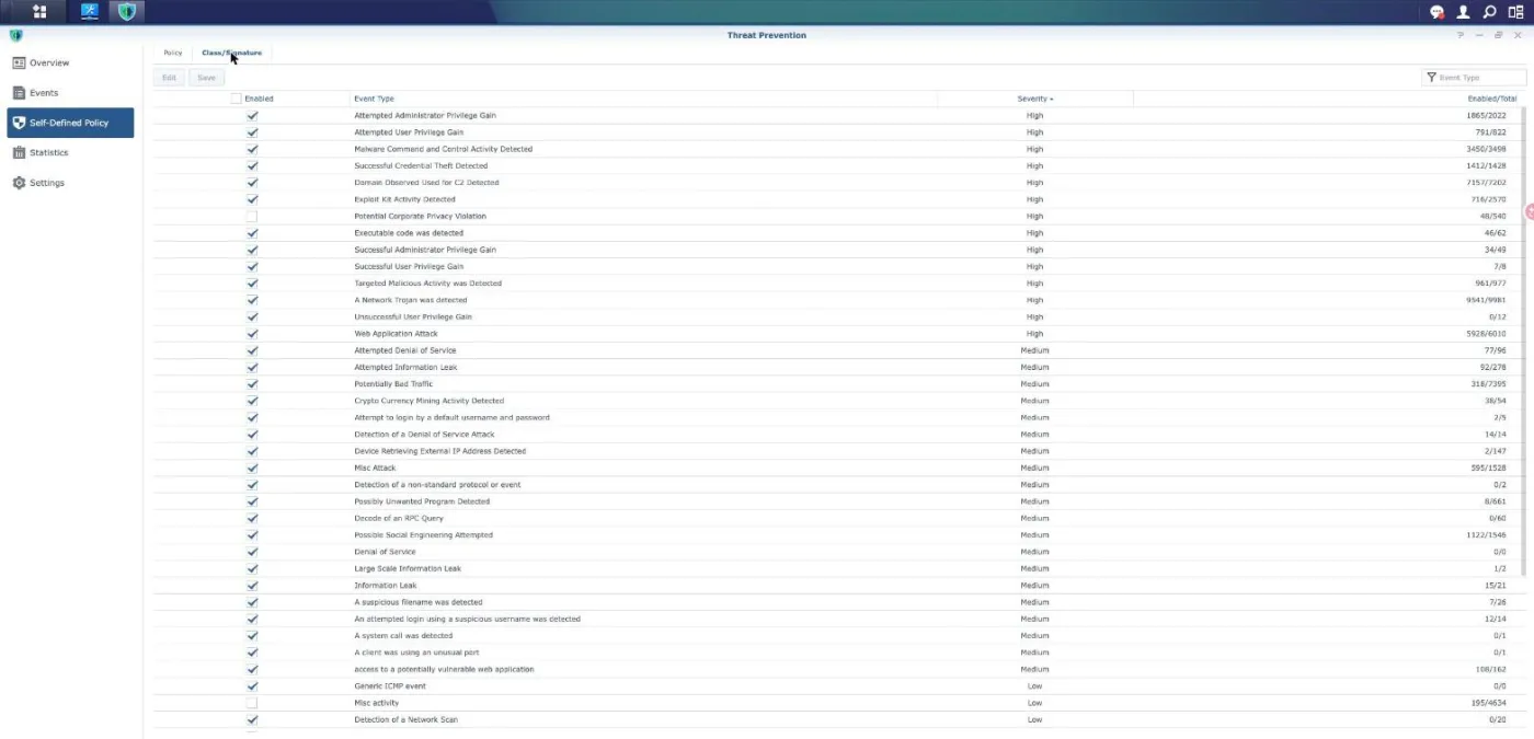 The Class and Signature list in Threat Prevention with per-class enabled counts, including Web Application Attack at 5,928 of 6,010 rules