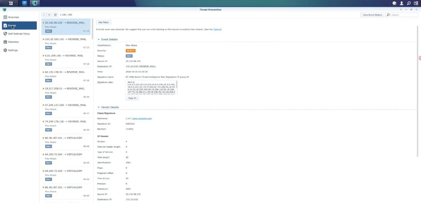 A Threat Prevention event detail showing an ET CINS poor reputation IP signature with status Alert and a rule body that matches on IP addresses only