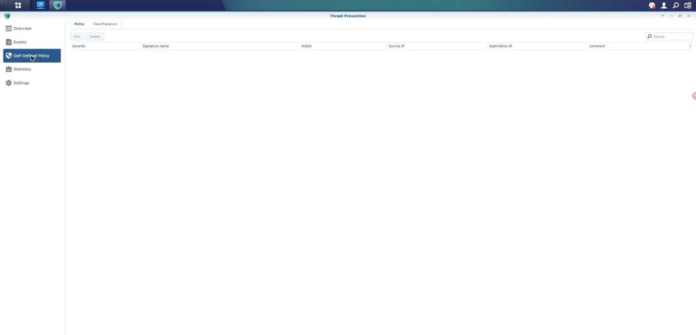 The Self-Defined Policy screen in Threat Prevention, empty, with only Edit and Delete available and no option to author a new signature
