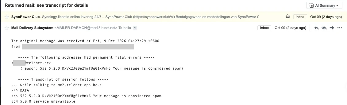 Avvisande meddelande från en belgisk e-postleverantör som avvisar ett signerat beställningsmejl som skräppost innan SMTP-reläändringen