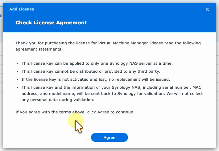 Add License wizard in Virtual Machine Manager showing the license agreement