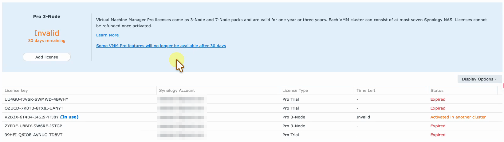 VMM Pro license shown as Invalid with 30 days remaining after the license host left the cluster