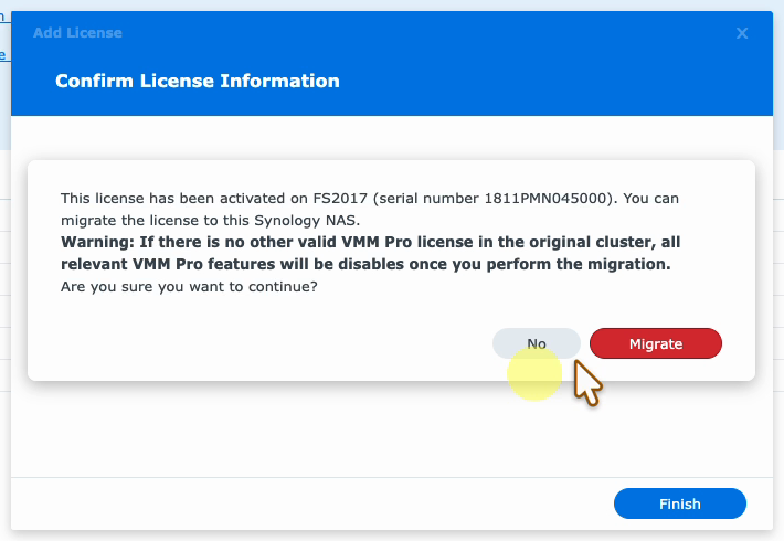 Confirm dialog offering to migrate the VMM Pro license from FS2017 to this NAS