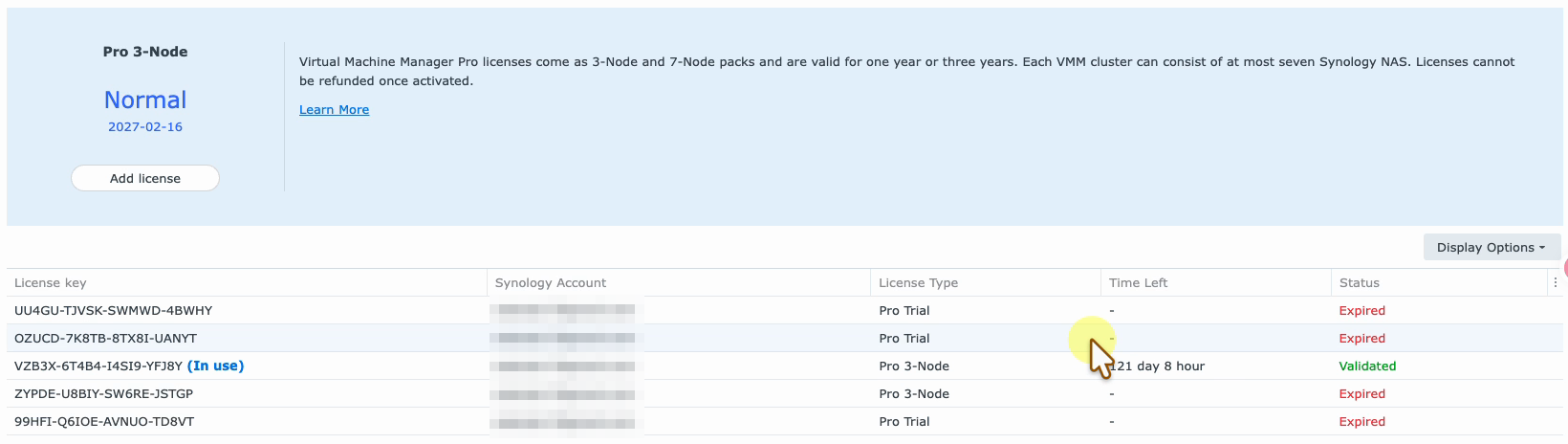 DS1621xs+ showing the VMM Pro license as Normal until 2027-02-16 after the migration
