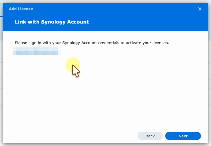 Add License wizard asking for the Synology Account that owns the VMM Pro license